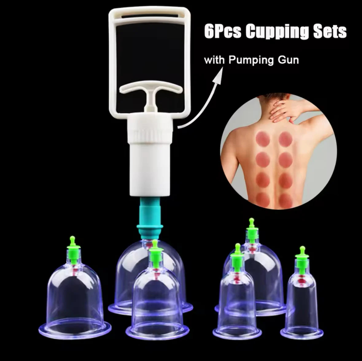 6Pcs Vacuum Cupping Set with Pump Gun – Suction Massage Cups for Back, Body Detox & Anti-Cellulite Care