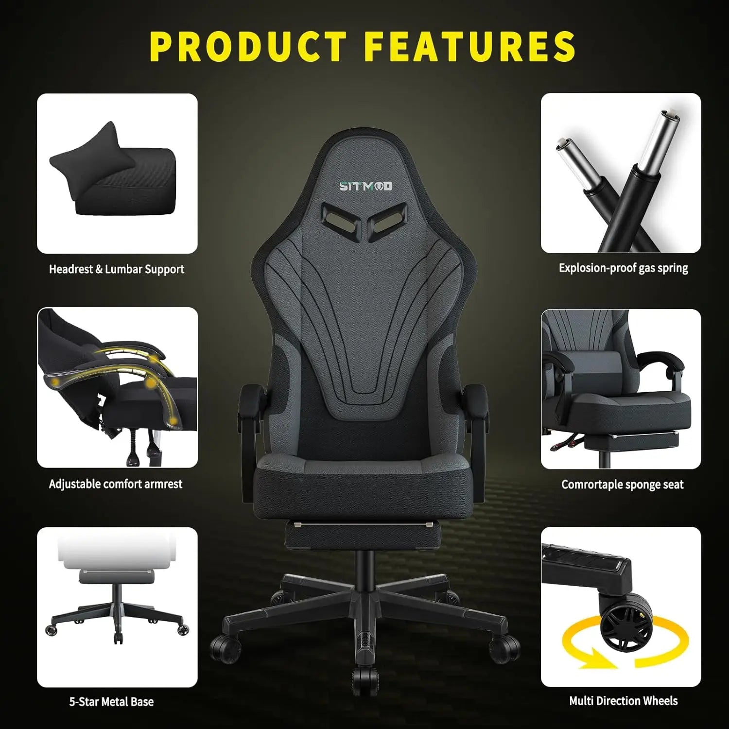 Ergonomic Gaming Chair with Foot Pedals – Height Adjustable Fabric Office Chair (Grey) - Image 5