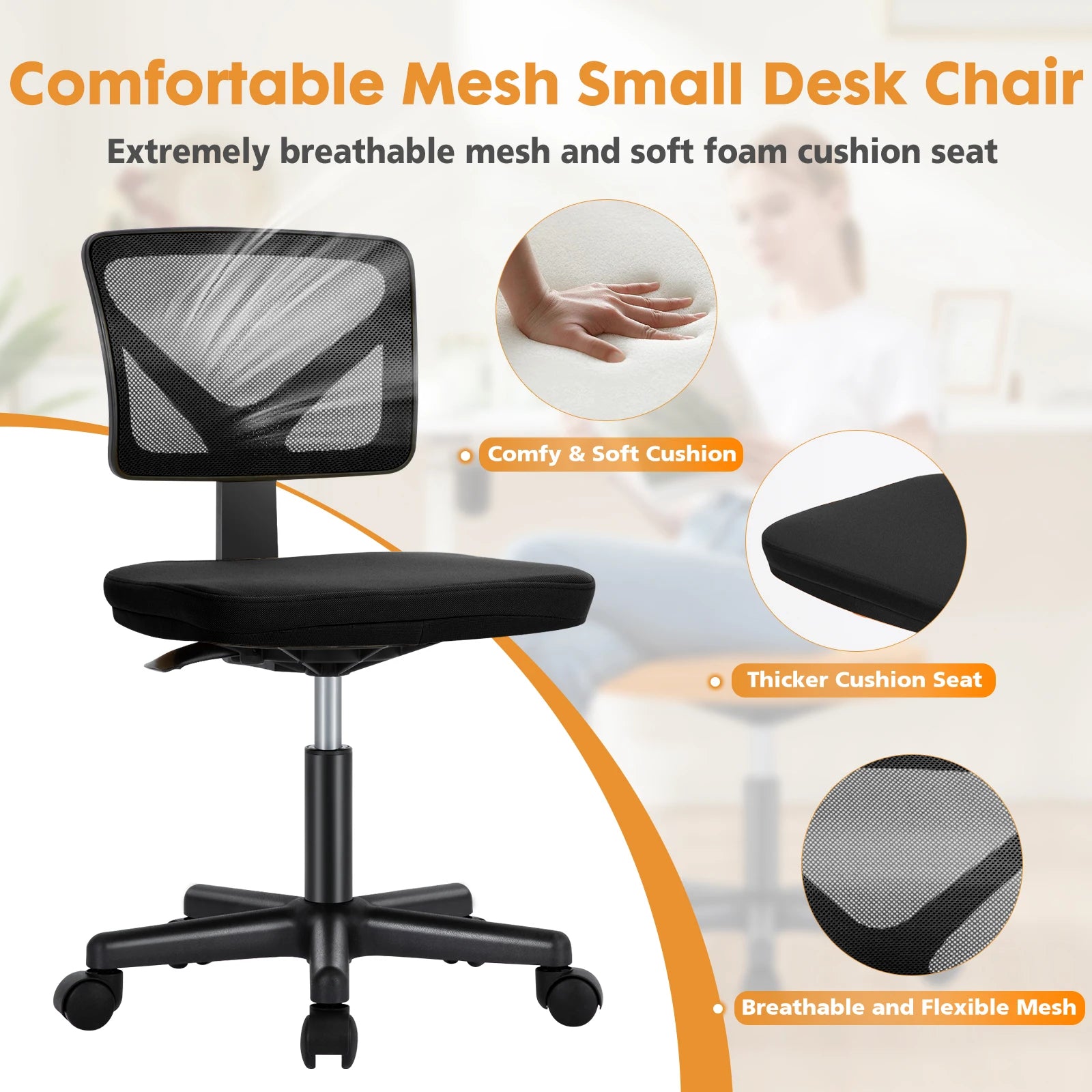 JHK Mesh Armless Office Chair – Low Back with Lumbar Support & Swivel Wheels - Image 6