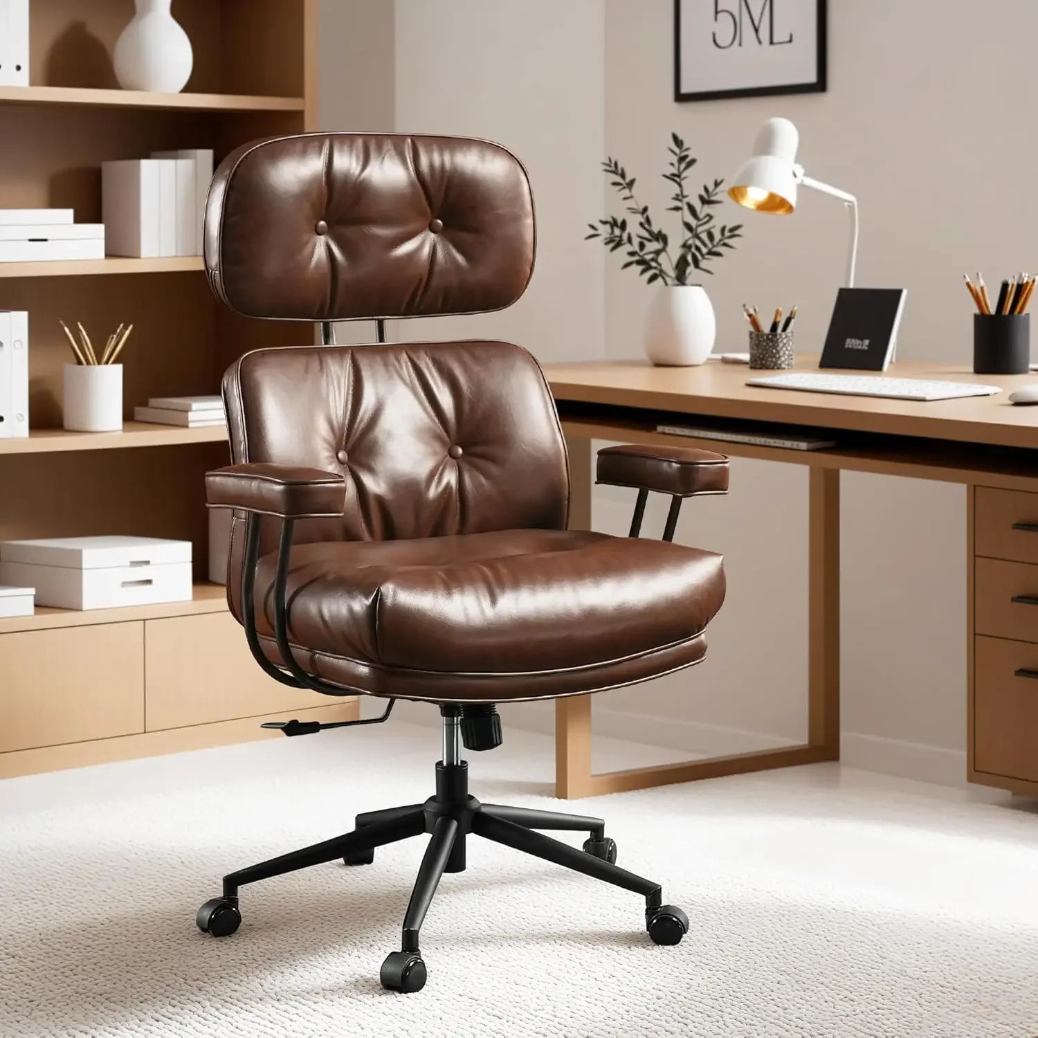 Ergonomic Mid-Century Leather Office Chair – High Back Executive Swivel Chair - Image 11