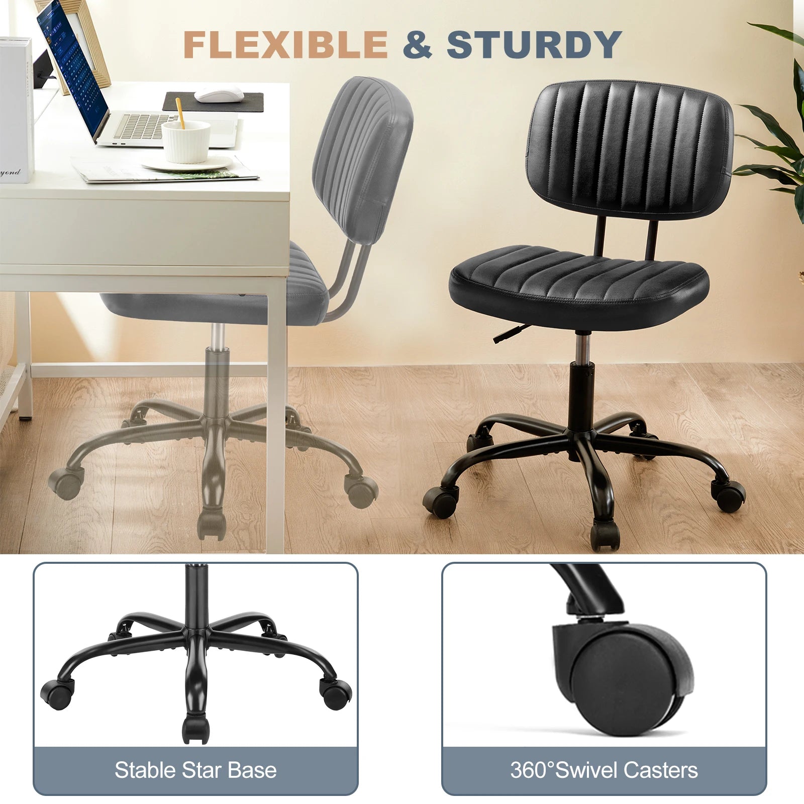 JHK Armless Office Desk Chair – PU Leather Computer Chair with Lumbar Support & 360° Swivel - Image 6