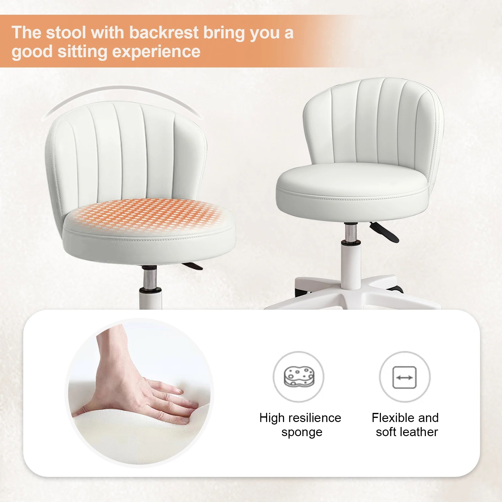 Small Round Rolling Desk Chair – Armless PU Leather Vanity & Spa Stool - Image 3
