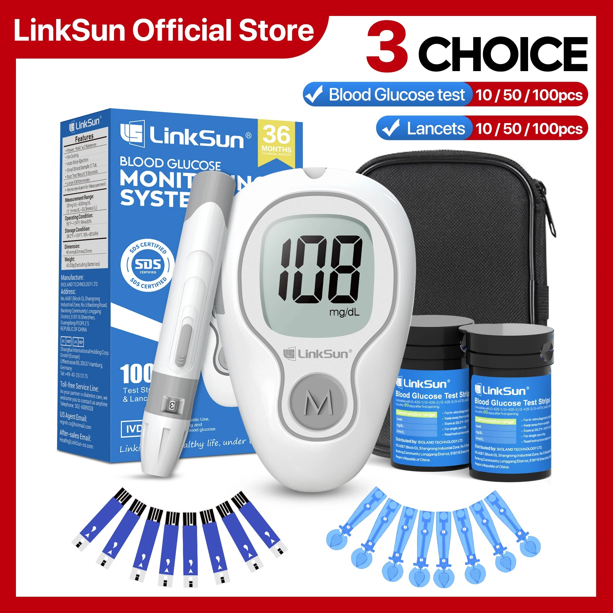 LinkSun G-425‑3 Blood Glucose Meter – Complete Diabetes Testing Kit