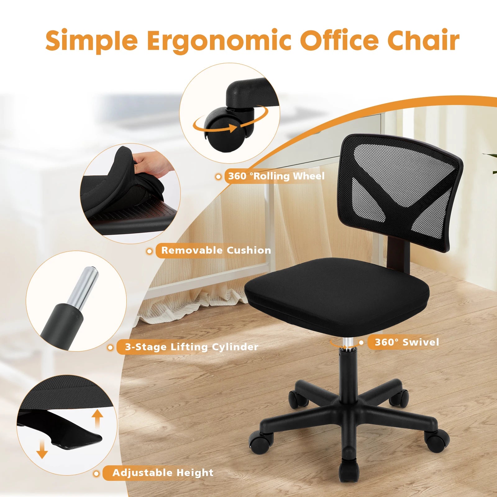 JHK Mesh Armless Office Chair – Low Back with Lumbar Support & Swivel Wheels - Image 5