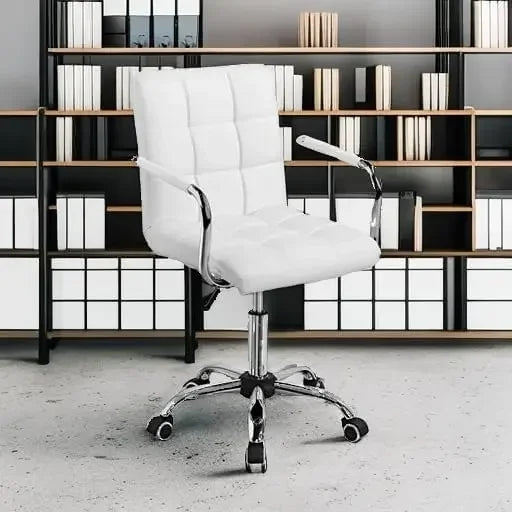White PU Leather Office Chair – Modern Mid-Back Desk Chair with Wheels & Armrests - Image 5